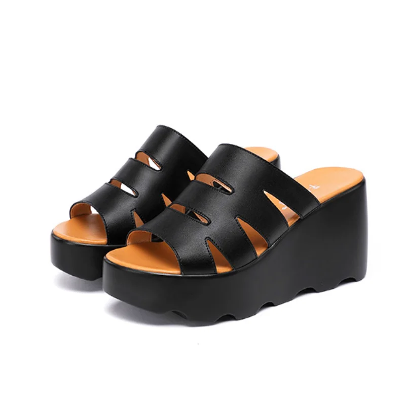 

Platform Shoes Women Slippers Black White Plus Size Split Leather Shoes Wedge Slippers Thick Bottom Summer Beach Sandals