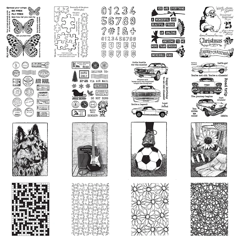 Clear Silicone Stamps Retro Cars Round Label Tag Number Puzzle Football Guitar Wolf Flowers Background DIY Cards 2021 New