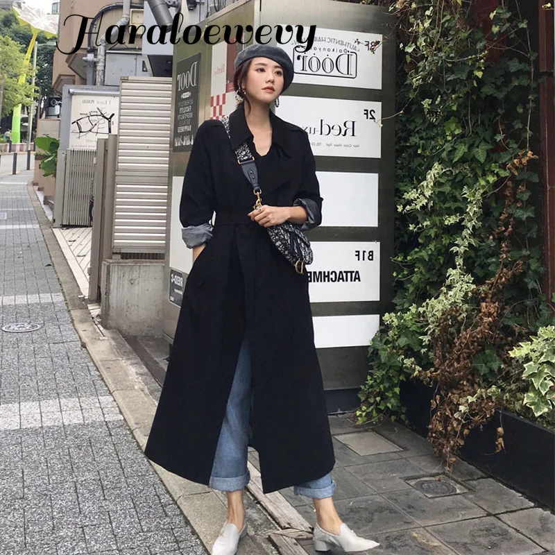Весеннее женское длинное пальто с отложным воротником Harajuku женский черный бежевый плащ Casaco Feminino Abrigo Mujer trench Femme