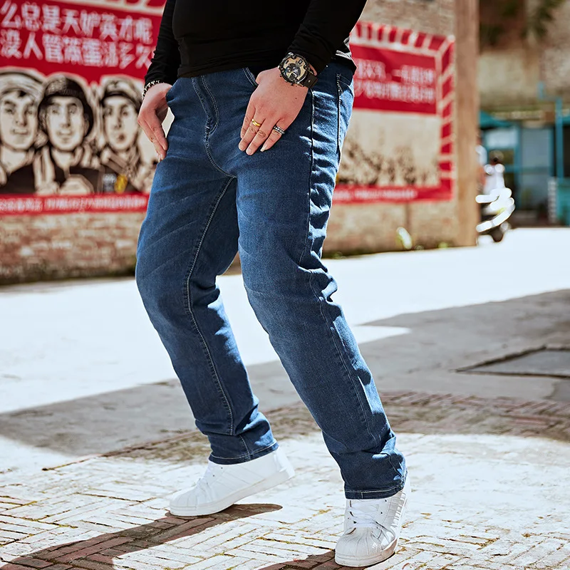 Плюс-Размер затрудняетесь в выборе правильного размера? Джинсы Для мужчин Эластичность записная книжка С ПЕРЕПЛЕТОМ с посадка прямые брюки Для мужчин в Корейском стиле молодежная мода, ковбойские штаны