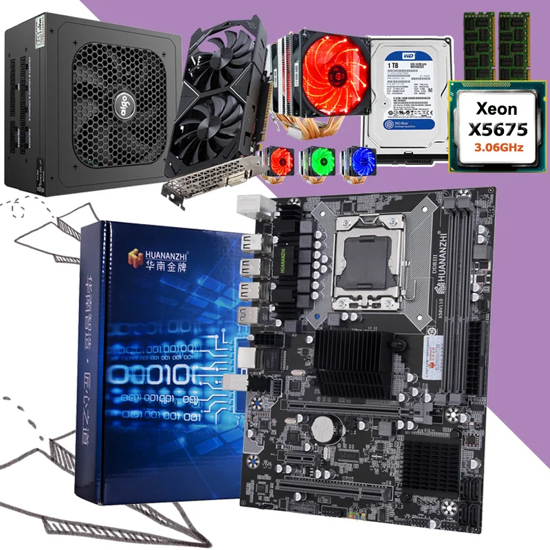 ^Cheap Excellent HUANANZHI X58 Motherboard bundle Intel Xeon X5675 with cooler RAM 8G(2*4G) video card GTX1050Ti 4GD5 500W PSU 1TB HDD