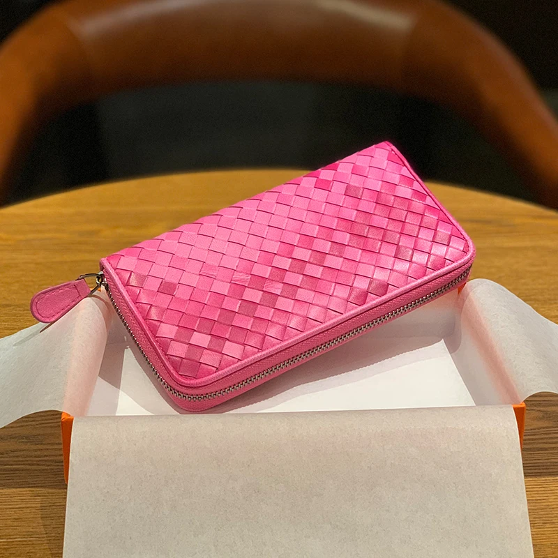 

100% Leather Men's wallet long woven leather bag luxury brand simple fashion women's sheepskin hand bag large capacity 2020 NEW