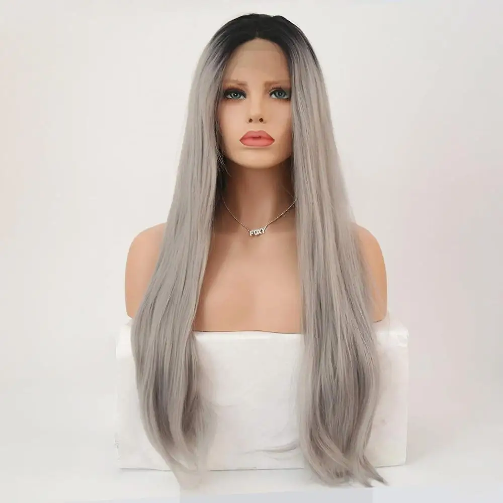 

RONGDUOYI Two Tone Gray Color Straight Synthetic Lace Front Wig with Middle Part Long 24Inch Glueless 13x3 Lace Wigs for Women
