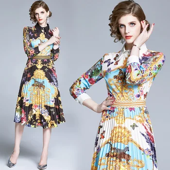 

Autumn Fashion Designer Red Flower Print Vintage Dress Women Long Lantern Sleeve High Waist Single-Breasted Swing Mid-Calf Dress