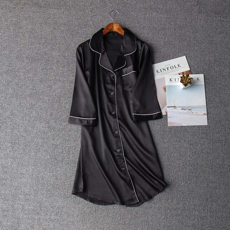 Женская ночная рубашка в стиле «друг» для мальчиков, удобные повседневные атласные шарфы, ночное белье, сексуальное домашнее платье, ночная рубашка, домашняя одежда - Цвет: black