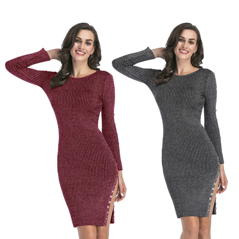 

2019 Black Knit Dress Autumn and Winter New Women Dress Hem Split Fork Button Knit Bag Hip Sweater Dress for Women