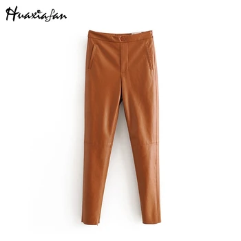

Huaxiafan 2020 fashion trousers women elastic faux leather solid color simple pockets pants plus velvet warm side zipper pants