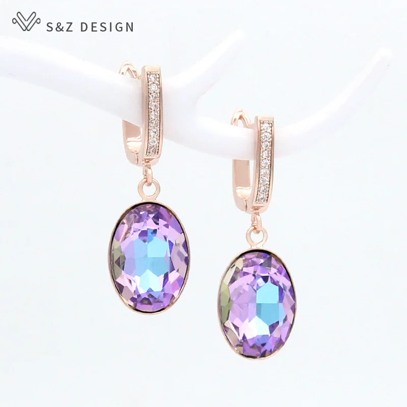 S&Z DESIGN New Fashion Egg Shape Oval Crystal Dangle Earrings For Women Wedding Classic 585 Rose Gold Color Jewelry