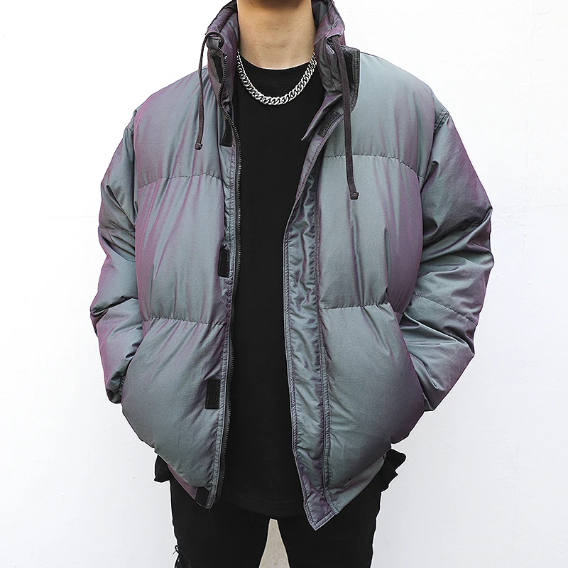 Mens Reflective Jackets and Coats Casual Zipper Stand-collar Warm Cotton Padded Bomber Outerwear Hip Hop Streetwear Winter Coat