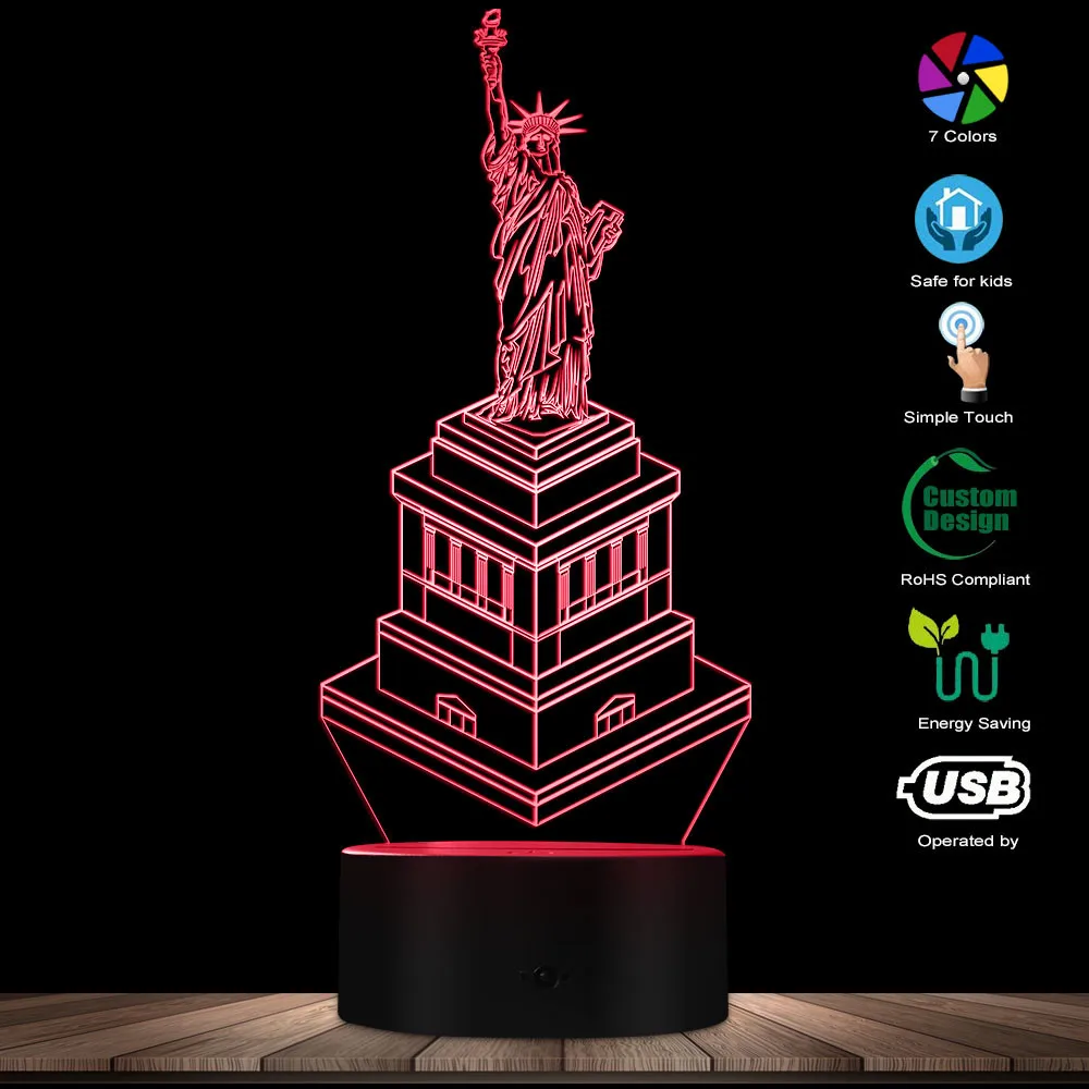 Статуя Свободы всемирно известные ориентиры 3D иллюзия Ночник Нью-Йорк американские символы Путешествия Сувенир подарки настольная лампа настроения