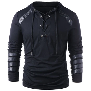 

Men's Fashion Faux Leather Lace Up Hoodie for Boyfriend Drawstring Hoodie Pullover Sweatshirt Full Sleeves Gothic Camisetas