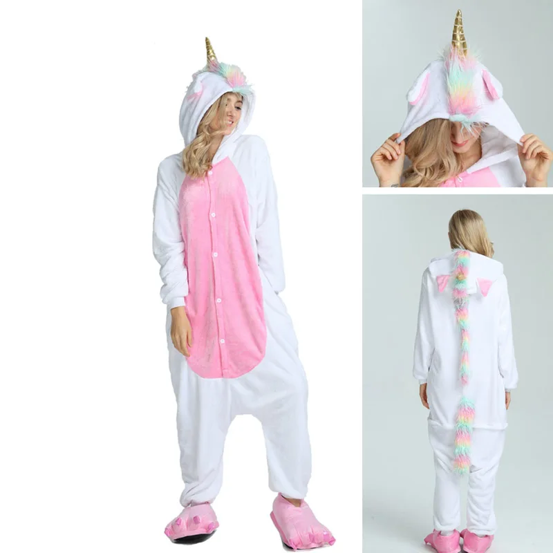 Зимний комбинезон для взрослых, аниме, женские костюмы, косплей, мультяшная Пижама с животными, кролик, единорог, Пикачу, зимняя теплая Пижама с капюшоном - Цвет: Golden horn unicorn