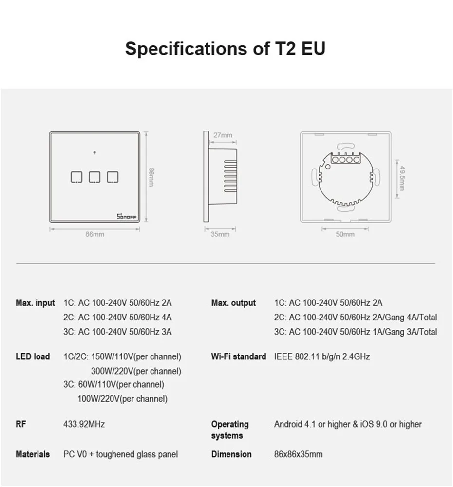 Itead Sonoff T2 ЕС 86 Размеры 1/2/3 комплекта настенных WI-FI выключатель, сенсорный/RF433 МГц/WI-FI дистанционного Управление, работает с Amazon Alexa Google Home