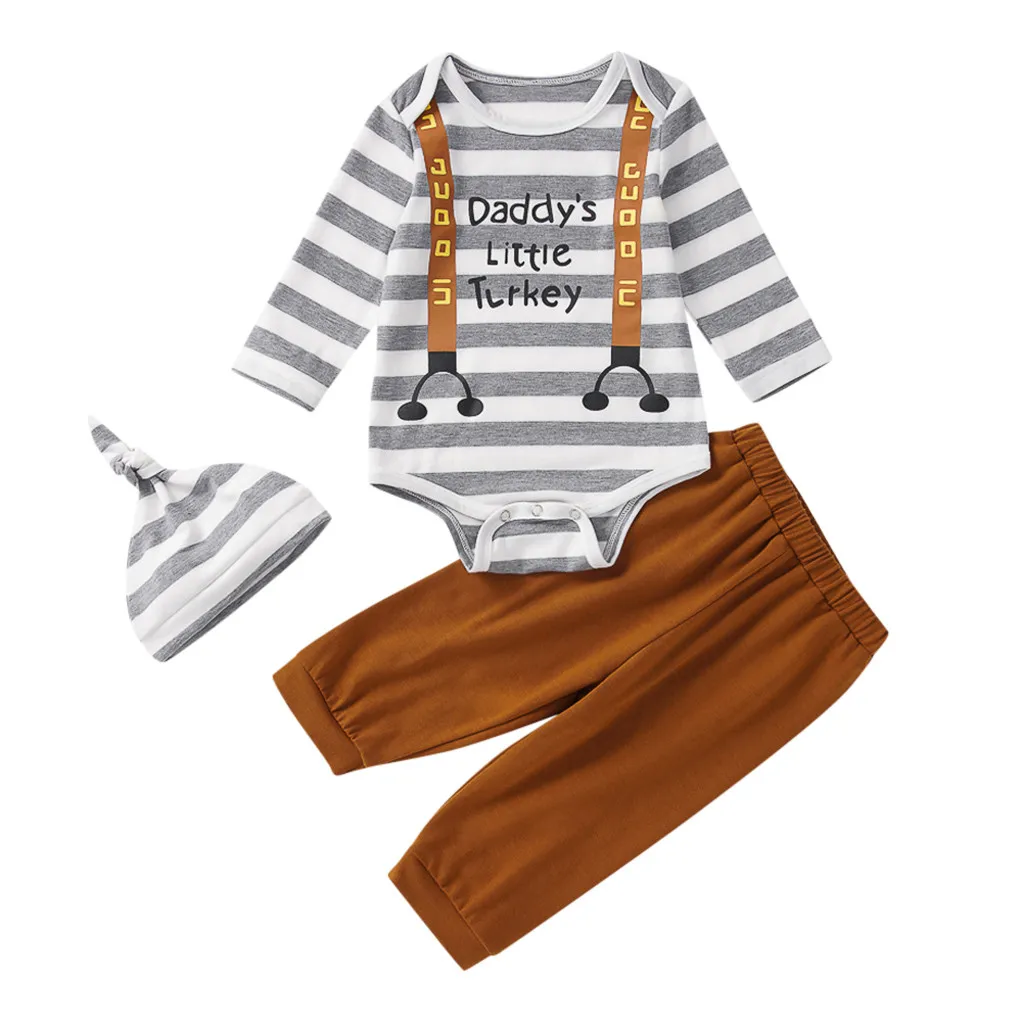 

CHAMSGEN Infantil Baby Boy Clothes Long Sleeve Letter Print Stripe Romper +Pant+ Hat Outfit Newborn Baby Boy Clothes 19August13