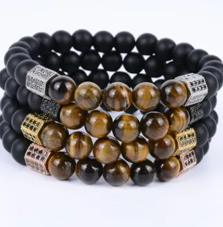 

8mm gg2 silver gold copper tube micro pave cz zircon cubic zirconia Bracelet yellow Tigereye black Frosted agate Onyx bead