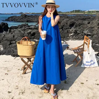 

Korea 2020 new summer fashion women clothing round neck sleeveless ligh blue pullover high quality dress female vestido Y085
