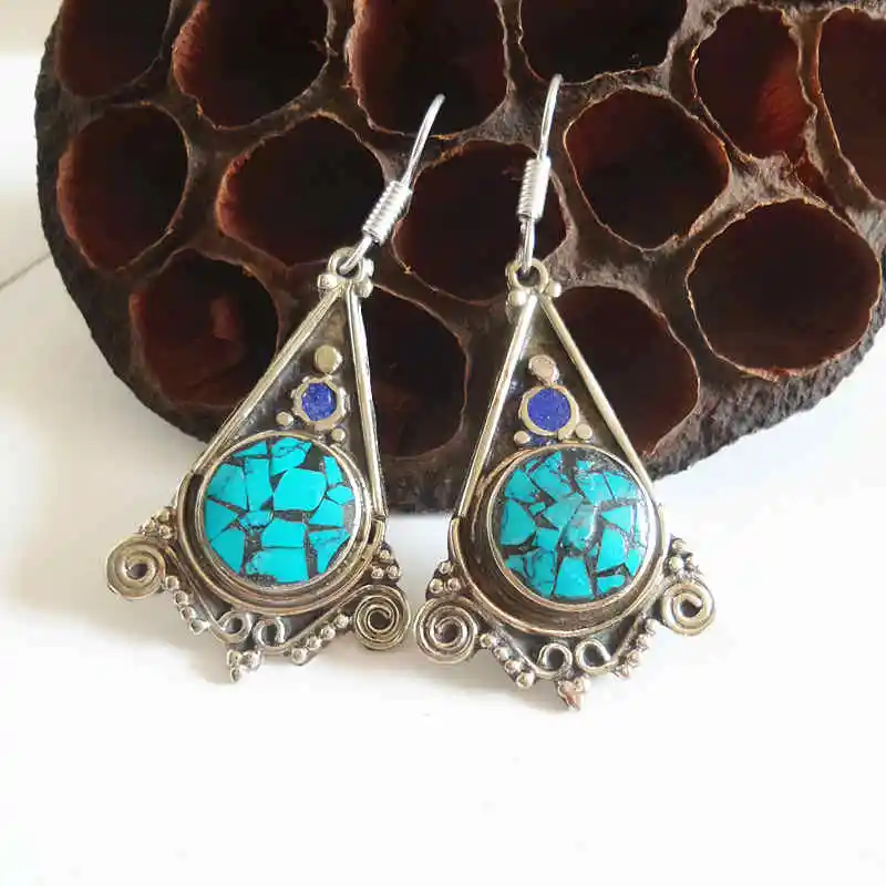 

Nepal Hand Jewelry Tibetan Ethnic Earrings Copper Inlaid Turquoises Vintage Wings Ear Ring E102