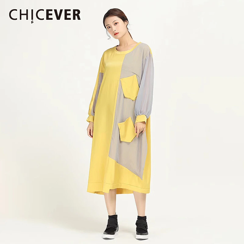 Женское асимметричное платье CHICEVER Повседневное с круглым вырезом длинными