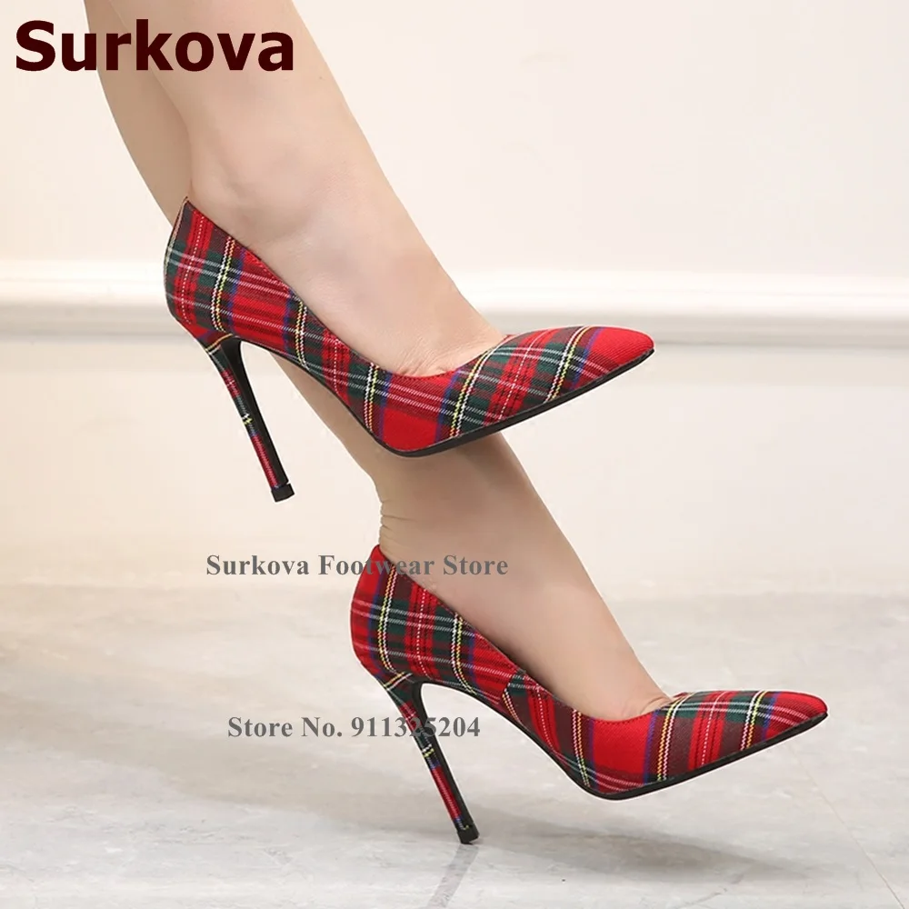 Surkova Elegant Red Checkered Cloth High Heel Shoes 12cm 10cm 8cm Real Photo Shallow Pointed Toe Plaid Wedding Pumps Size45
