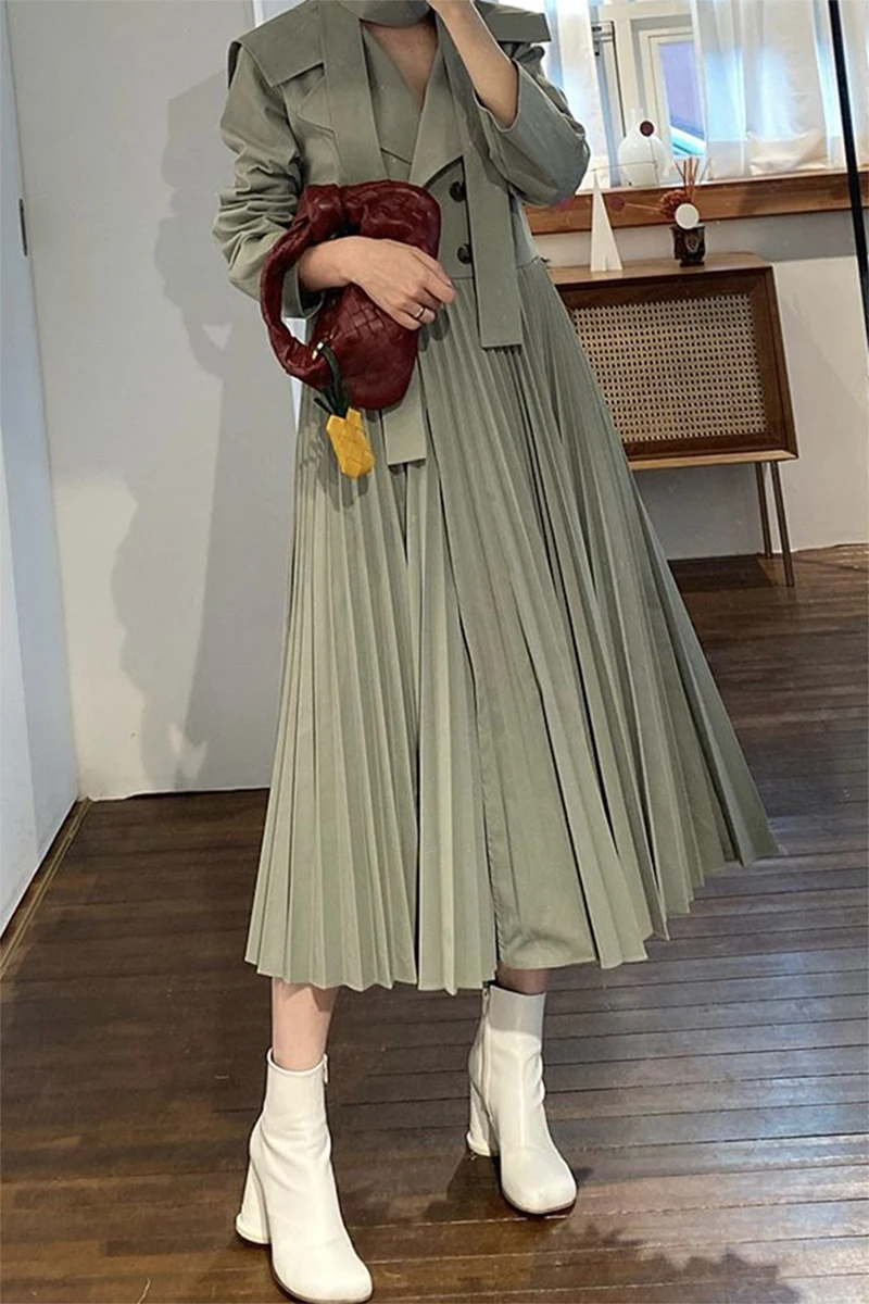 Windbreaker women 2020 OL Dress-Style Pleated Long