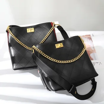 

Bucket Bag Women's 2019 New Style Genuine Leather Wide-Strap Crossbody Bag Large Capacity Online Celebrity Rhombus Chain Hippies
