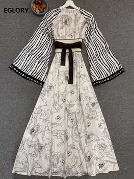 

Beach Long Dress 2020 Summer High Quality Women O-Neck Striped Print Patchwork Flare Sleeve Casual Long Maxi Dress Bohemian