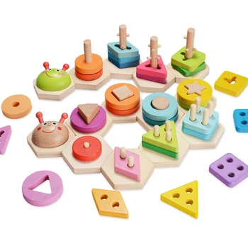 

Kids Caterpillar Puzzle Geometric Shape Toys With 5 Columns Building Color Perception Learning Educational Toy For Children