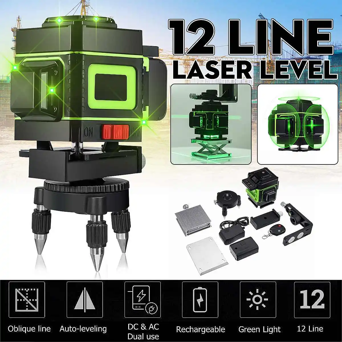

12-Line 3D Waterproof Laser Level 360 Degree Rotation Horizontal and Vertical Cross Automatic Leveling Laser Tool With Base