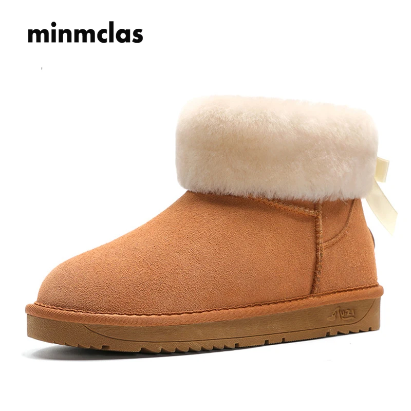 Minmclas/женские зимние ботинки из овечьей кожи на меху женские короткие Новинка 2019