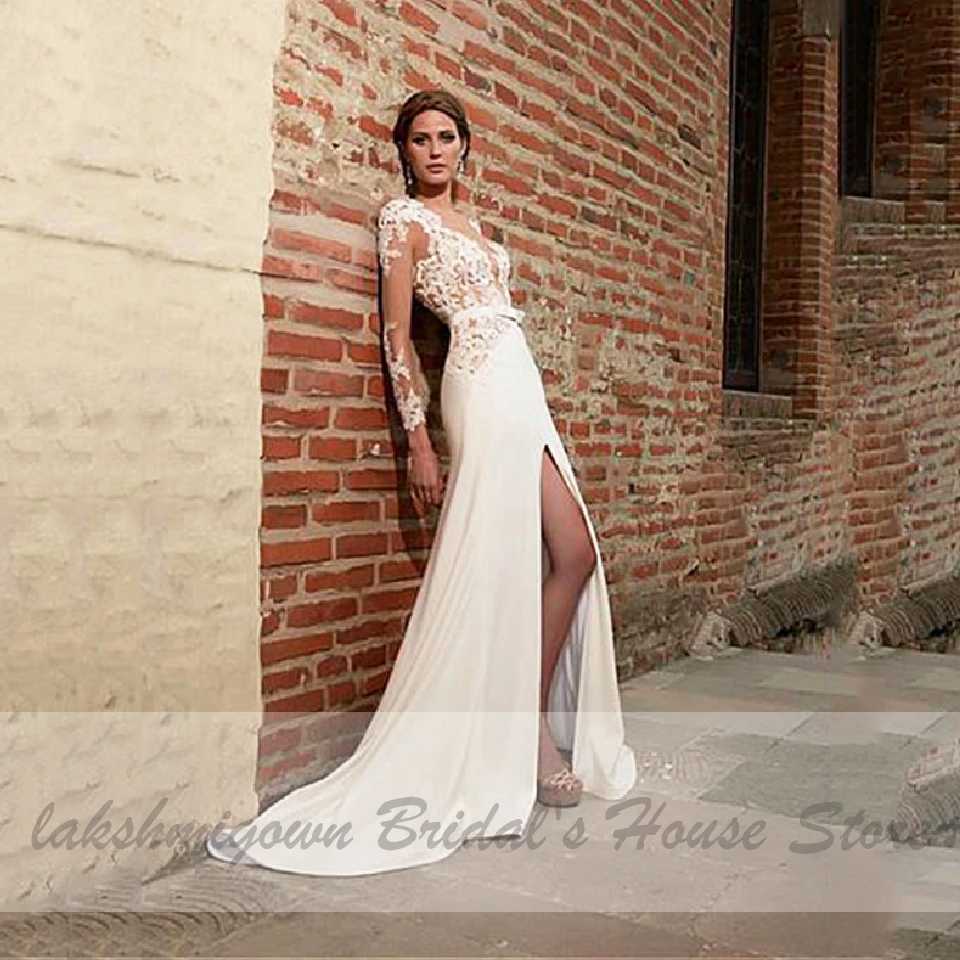 Lakshmigown сексуальное богемное свадебное платье Vestido Novia сатиновое свадебное платье русалки прозрачное кружевное пляжное свадебное платье с разрезом спереди