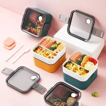 

Portable 2 Layer Healthy Lunch Box Food Container Microwave Oven Lunch Bento Boxes With Cutlery Lunchbox