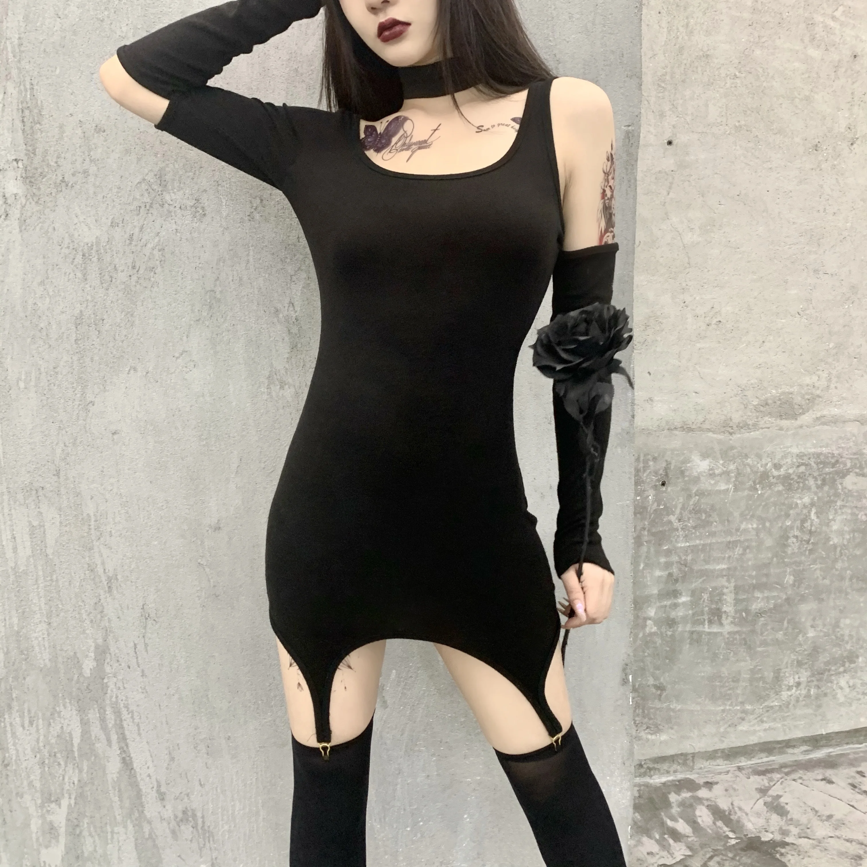 InsGoth Gothic Punk Sexy Hollow Out Black Dress Harajuku Bodycon High Waist Mini Dress Women Party Night Club Wear Outfit Dress