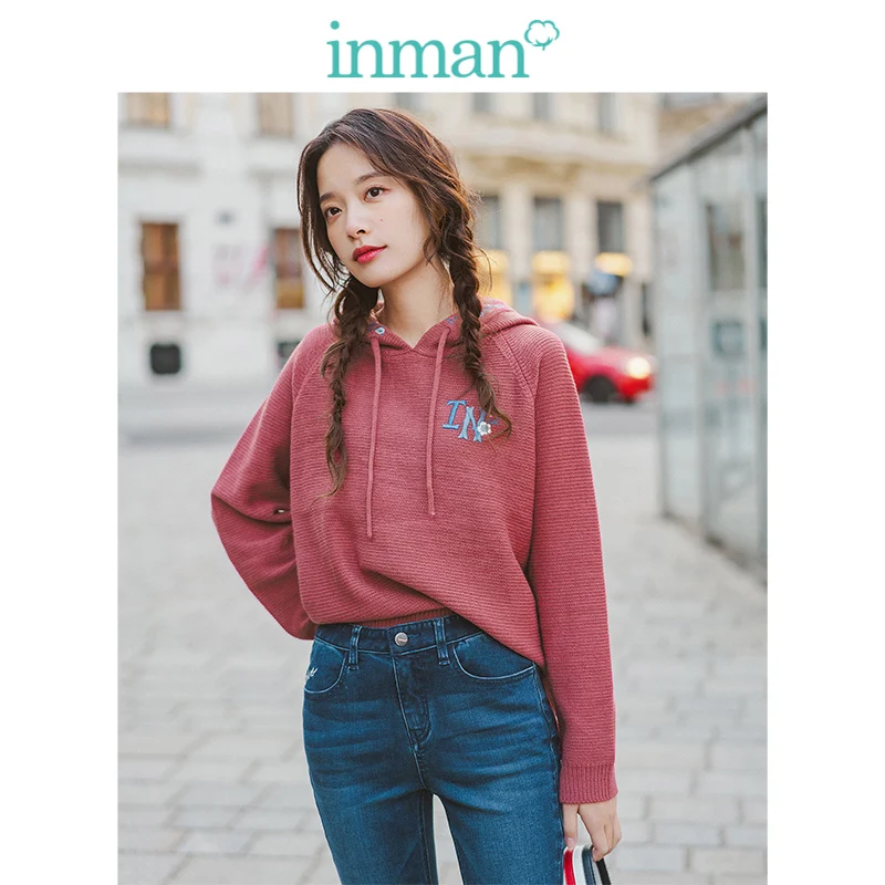 

INMAN 2019 Autumn New Arrival Literary Embroidery Hooded Long Sleeve Solid All Matched Women Pullover