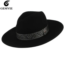 GEMVIE Высококачественная фетровая шляпа унисекс из шерсти для мужчин и женщин с широкими полями классическая джазовая Кепка винтажная лента с принтом