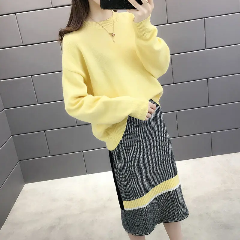 yellow Neploe Женский вязаный костюм мягкий теплый осенне-зимний костюм пуловер с длинным рукавом и круглым вырезом свитер+ популярная цветная юбка комплект из 2 предметов 55491 - Цвет: yellow