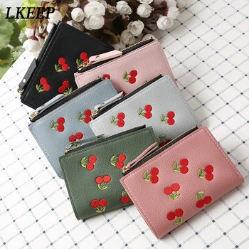 

Fashion Women Girls Short Wallet Small PU Leather Cherry Embroidery Coin Purse Card Holders Lady Girl Mini Money Bag