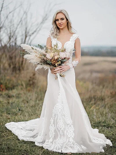 ivory color Smileven Русалка свадебное платье Шампанское Кружева Бохо невесты платья с длинным рукавом vestido de Casamento элегантные свадебные платья - Цвет: ivory color