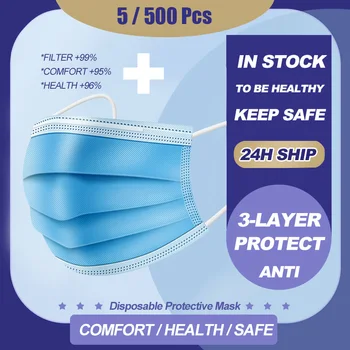 

5Pcs/500pcs Mask Disposable Nonwove 3 Layer Ply Filter Masks mouth Face mask filter safe Breathable dustproof Protective masks