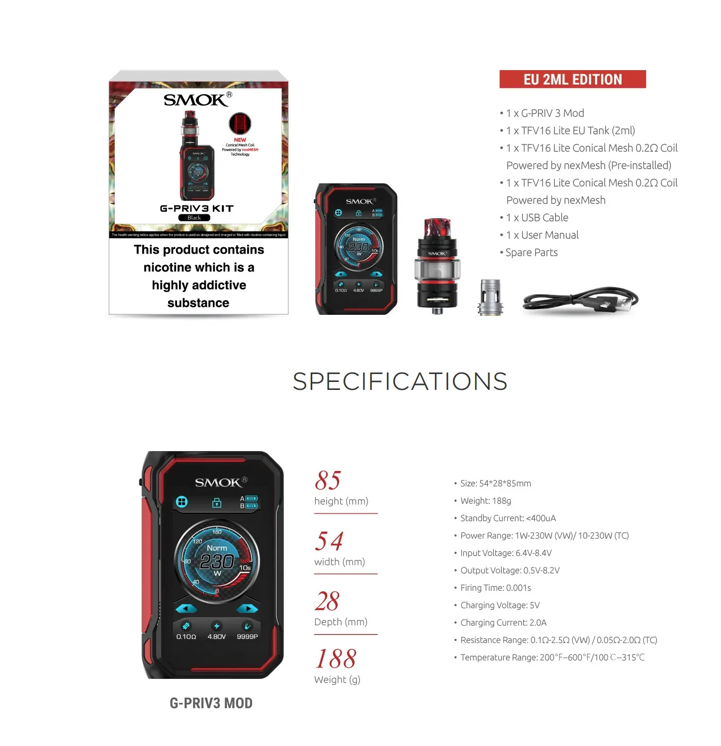 SMOK G-PRIV 3 Vape комплект 230 Вт G-PRIV3 мод 5 мл TFV16 LITE Танк Fit TFV 16 Lite коническая Двойная сетка катушка nexMesh электронная сигарета испаритель