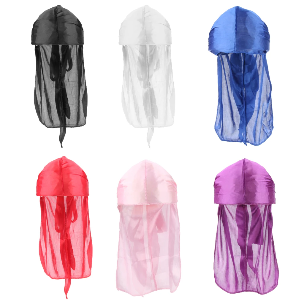 6pcs Soft Smooth Durag Waves Caps with Long Tail Wide Straps for Men and Women Hair Loss Chemo Beanie Wave Cap