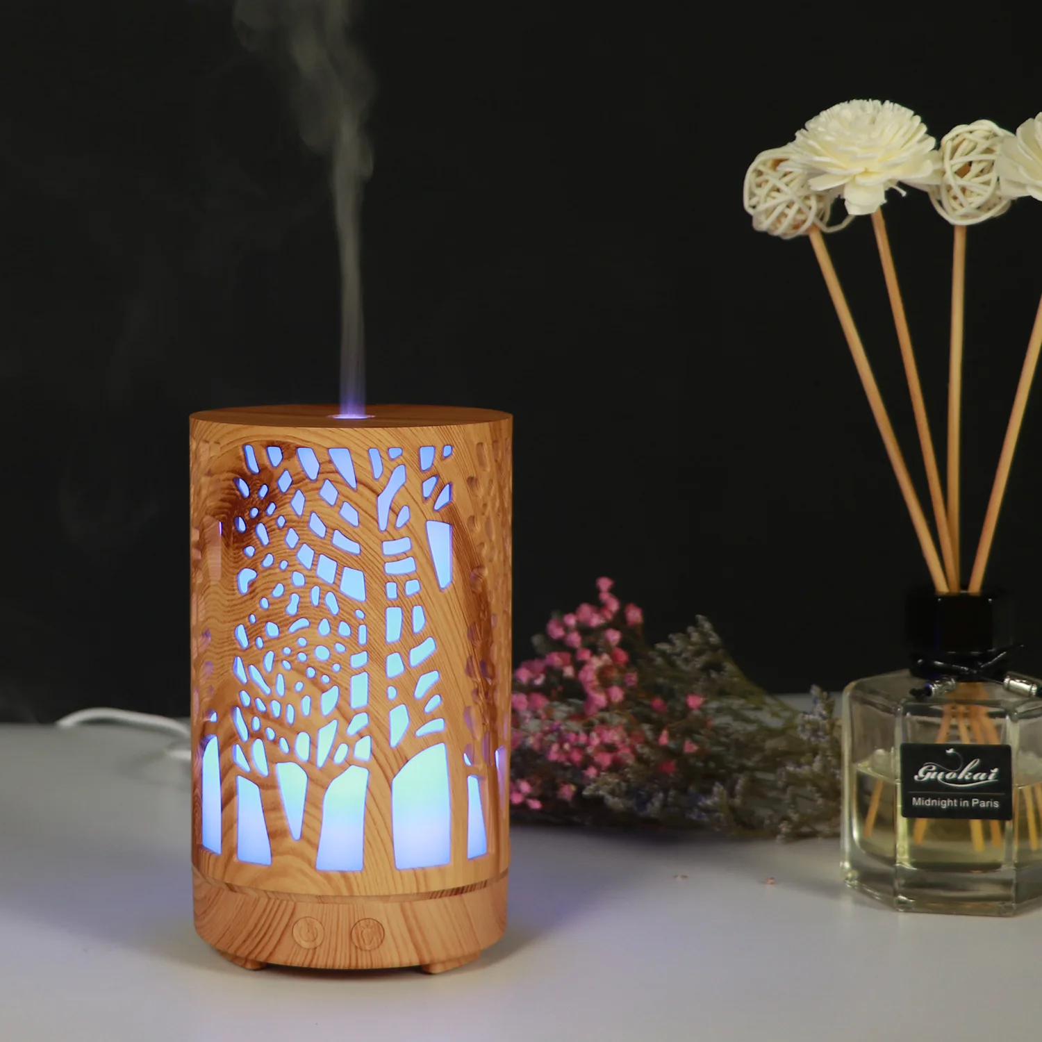 Hollow out Aroma Diffuser Cylindrical Wood Grain Air Purification Fragrance Machine Ultrasonic Colorful Ambience Light Wood Grai