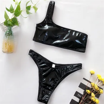 

Hirigin Neon Pu Leather Sexy Bikini Set Women 2020 One Shoulder Swimwear Push Up Padded Thong Bikini Women Bathing Suit Beach