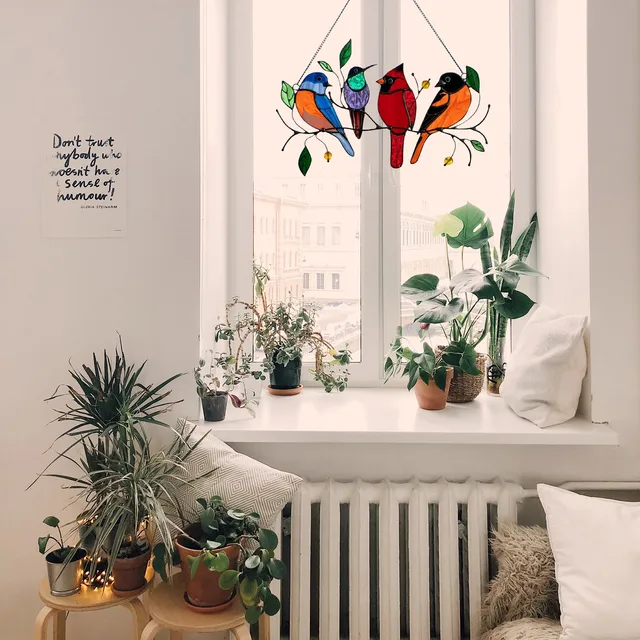 Többszínű Madarak Huzalon, Magas Festett Napsütő Kreatív Ólomüveg Ablak Lógók Panel Otthoni Dekorációs Kiegészítők#G3 - Image 2