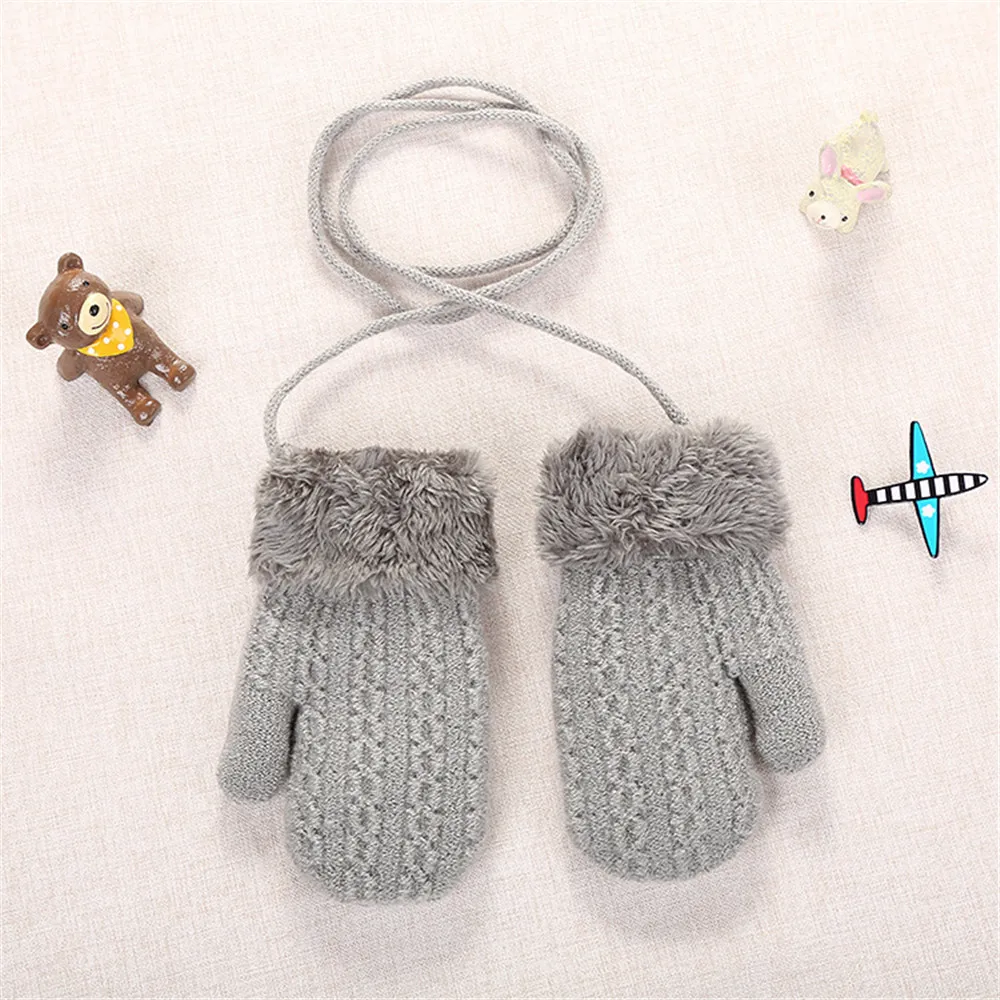 Детские перчатки для мальчиков и девочек; зимние теплые шерстяные плотные перчатки; варежки с длинными веревочками; теплые вязаные перчатки для детей от 0 до 3 лет