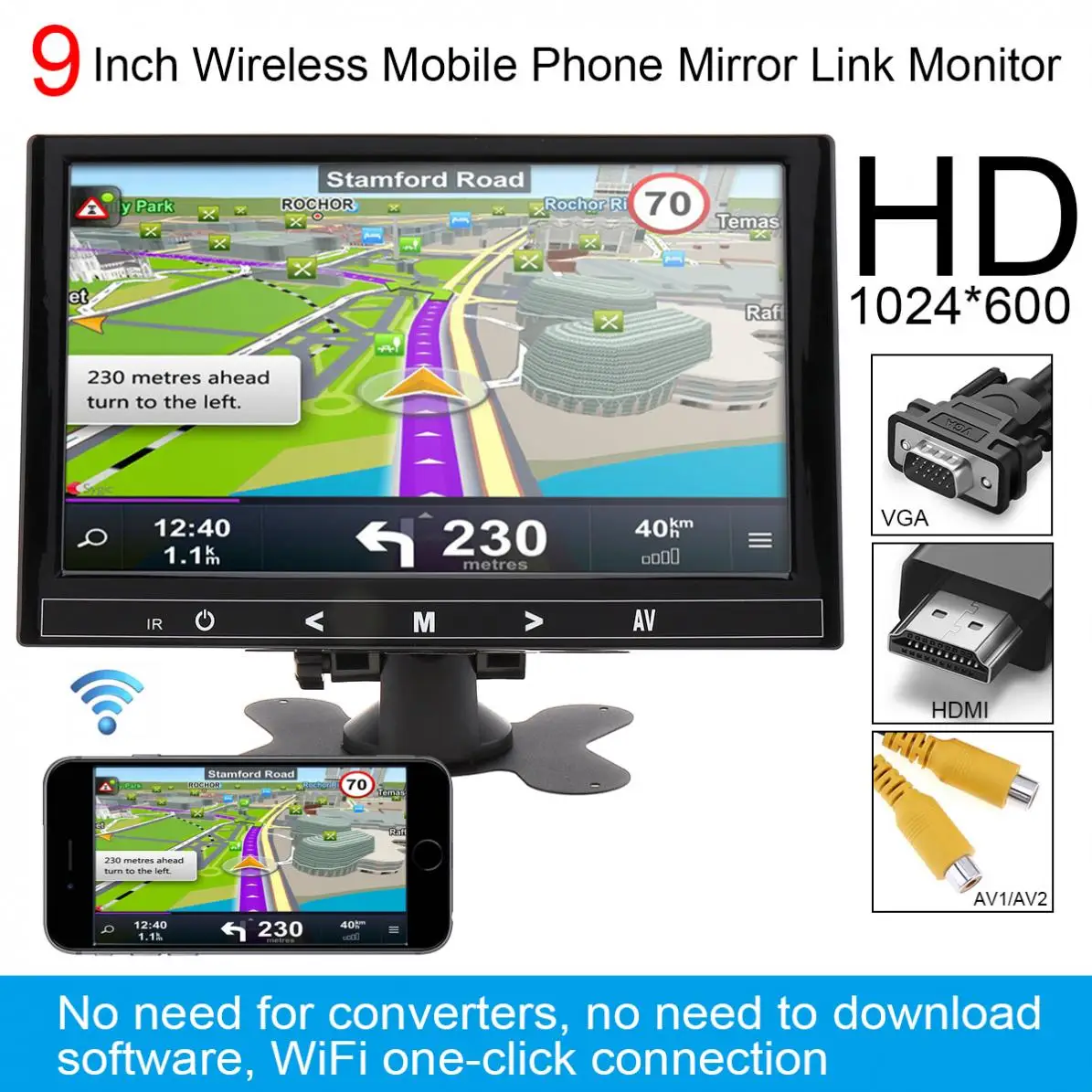  9 Inch HD IPS 1024*600 TFT LCD Color Multifunction Car Headrest Monitor HDMI / VGA / AV / Wireless 