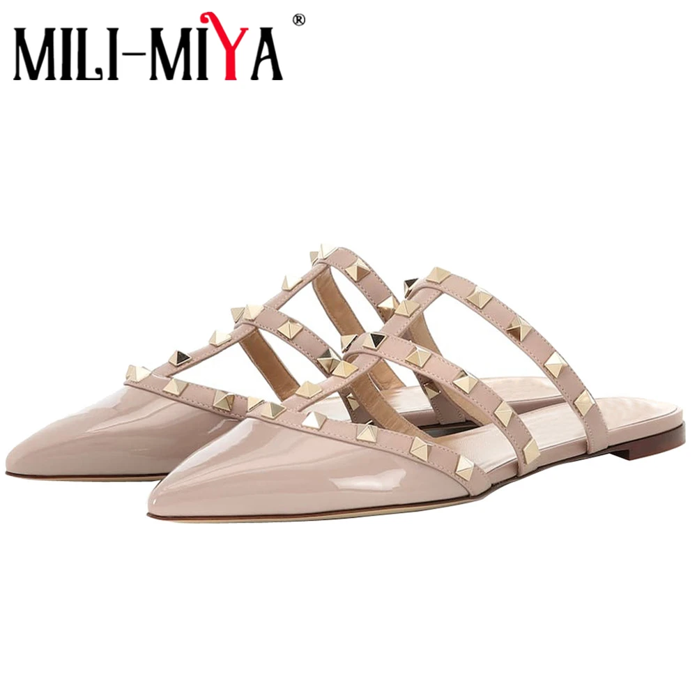 

MILI-MIYA Concise Women Sandals Pu Leather Low Heels Pointed Toe Rivet Slip-On Spring/Summer Mules Large Size 34-44 Handmade