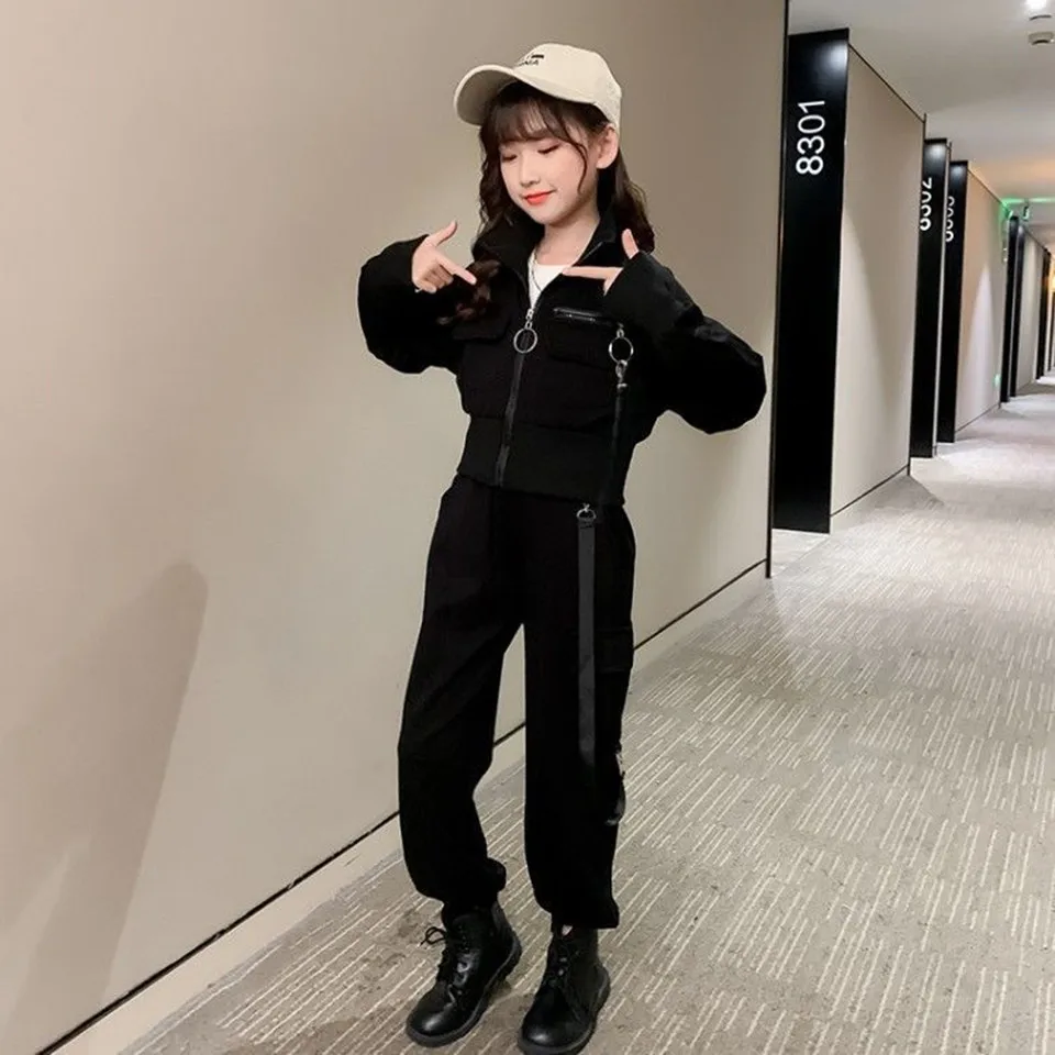 

2021 New Children Clothes Autumn Teens Girls Kids Sets Hip-hop Dancers Suits Short Hoodies Cargo Pants Set 10 12 14 Years Girl