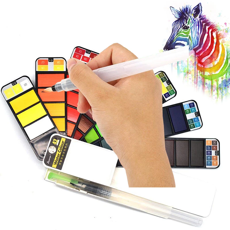 Kaufen Förderung 18 25 33 42 Farben Solide Aquarell Faltbare Set Mit Wasser Pinsel Stift Aquarell Pigment Für Draw Kunst Supplie