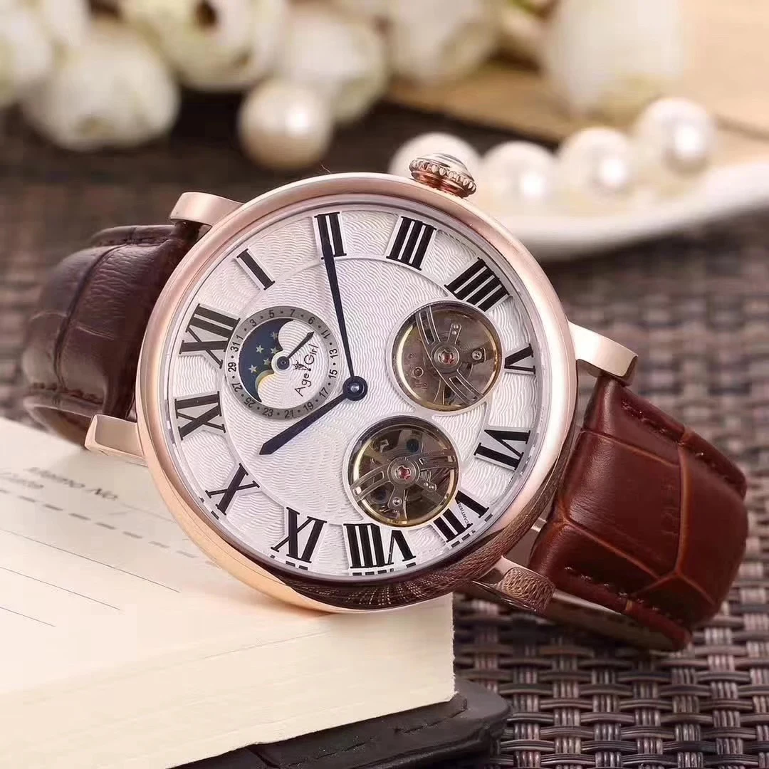 

Luxury Brand New Men Automatic Mechanical Watch Rose Gold Leather Black Blue MoonPhase 2 Tourbillons Sapphire Glass AAA+