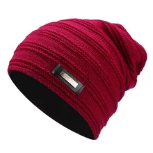 Зимняя вязаная шапка для мужчин с флисовой подкладкой, шапка унисекс, полосатая громоздкая шапка с накладным текстом, модная красная, черная, коричневая, темно-серая